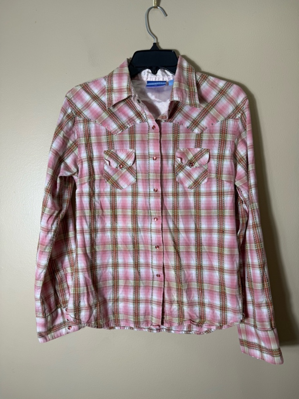 Nina Capri Western Pearl Snap Shirt Womens M Pink Plaid Rhinestones